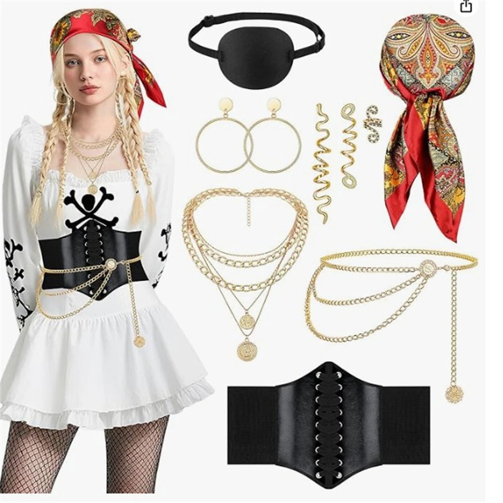 Women Pirate Accessories Headscarf Necklace Belt Eye Patch Set Outfit for Halloween Party Medieval Viking Warrior Dress Up