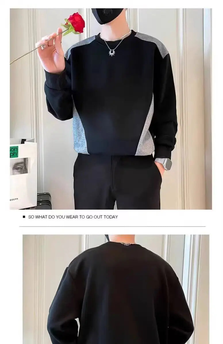 Spliced   sweatshirt Men's Spring Autumn New Round Neck Long-sleeved Bottoming Shirt T-shirt Trendy Casual Top Hoodies