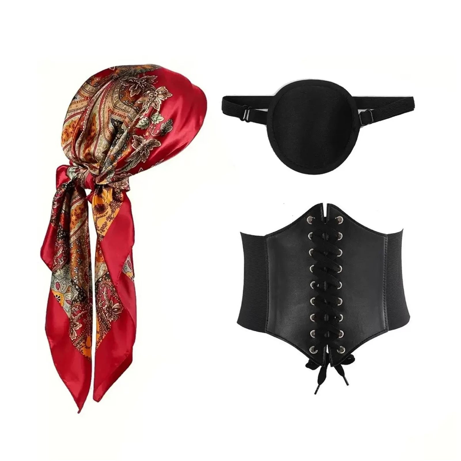 Women Pirate Accessories Headscarf Necklace Belt Eye Patch Set Outfit for Halloween Party Medieval Viking Warrior Dress Up