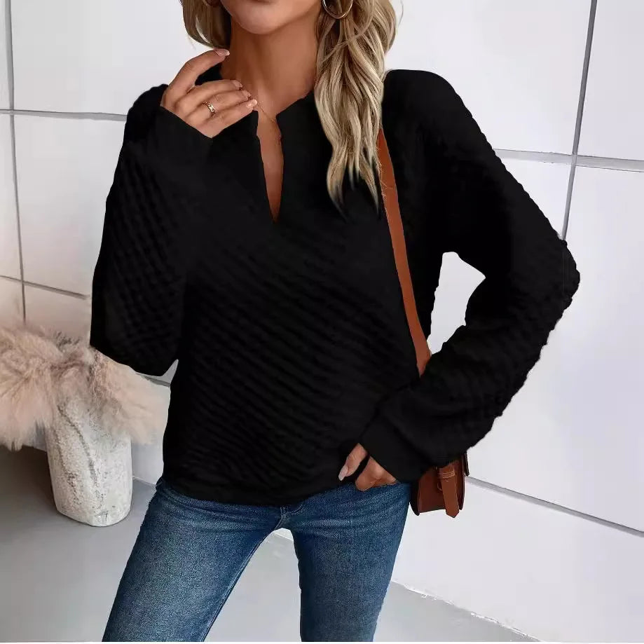 Women Sweatshirt 2025 Spring Autumn Latest Fashion Solid Color Deep V-Neck Pullover Long Sleeved Casual Hoodie Loose Sporty Top