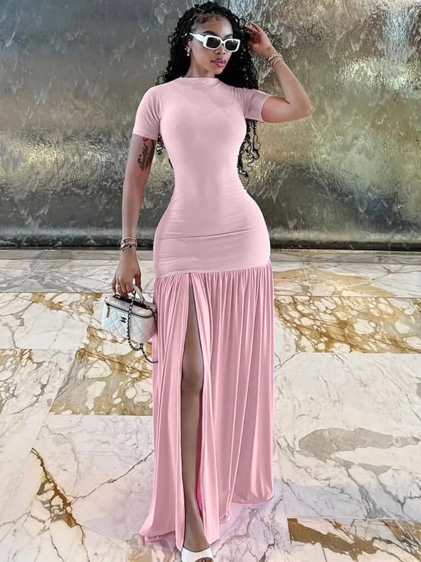 Woman Clothing Elegant Party Dresses 2026 Women's Dress Fashionable Round Neck Slim Slit Splicing Dress Summer Long Dresses Robe