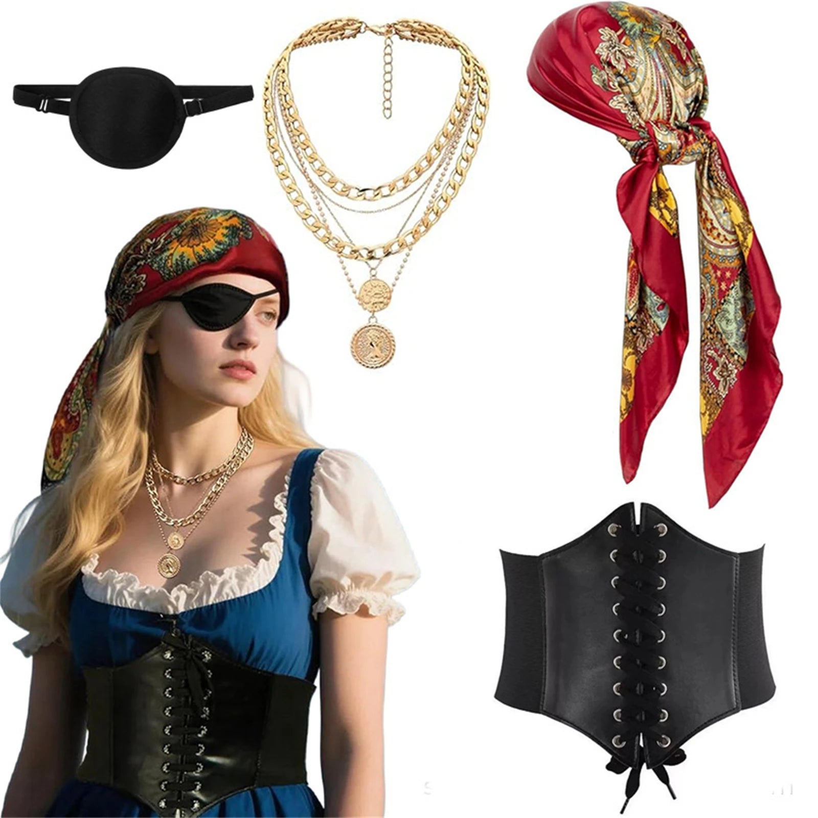 Women Pirate Accessories Headscarf Necklace Belt Eye Patch Set Outfit for Halloween Party Medieval Viking Warrior Dress Up
