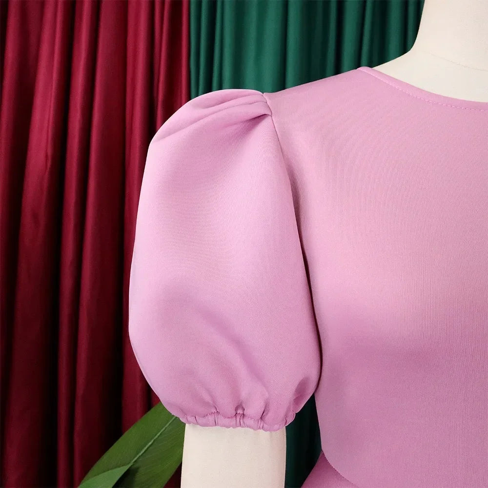 Elegant Dresses for Woman 2024 O Neck Short Sleeve High Waisted Pleated Mid Calf Luxury Female Birthday Party Dinner Vestidos