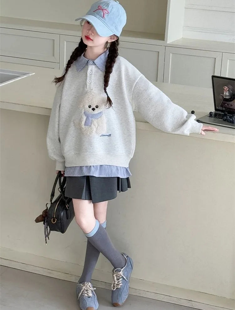 Sweatshirt Girls' 2025 New Faux Two-Piece Polo Hoodie Spring/Autumn Kids Medium-Large Loose Fit Cartoon Puppy Top