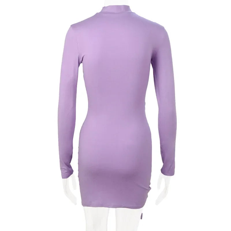 New Dresses 2025 Woman Fashion Summer High-neck Purple Long-sleeved Pleated Tie-up Dress Skirt Women's Clothing