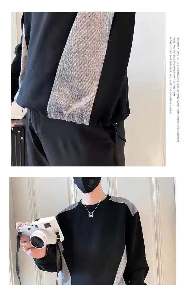 Spliced   sweatshirt Men's Spring Autumn New Round Neck Long-sleeved Bottoming Shirt T-shirt Trendy Casual Top Hoodies