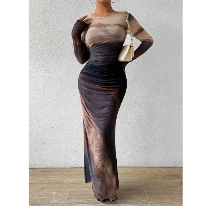 High Waist Dresses for Woman Fashion Printed Sexy Tight Fitting Slit Round Neck Dress Long Sleeves Skirt Streetwear Autumn 2024