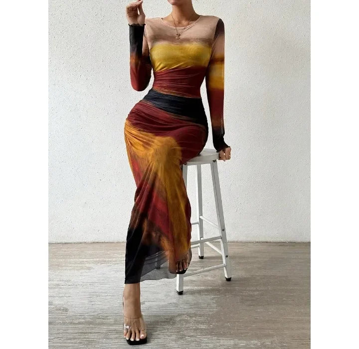 High Waist Dresses for Woman Fashion Printed Sexy Tight Fitting Slit Round Neck Dress Long Sleeves Skirt Streetwear Autumn 2024