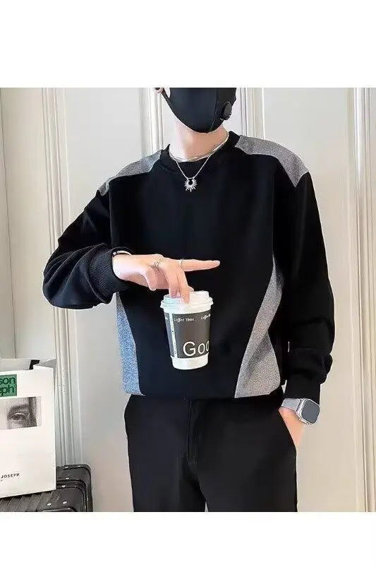 Spliced   sweatshirt Men's Spring Autumn New Round Neck Long-sleeved Bottoming Shirt T-shirt Trendy Casual Top Hoodies