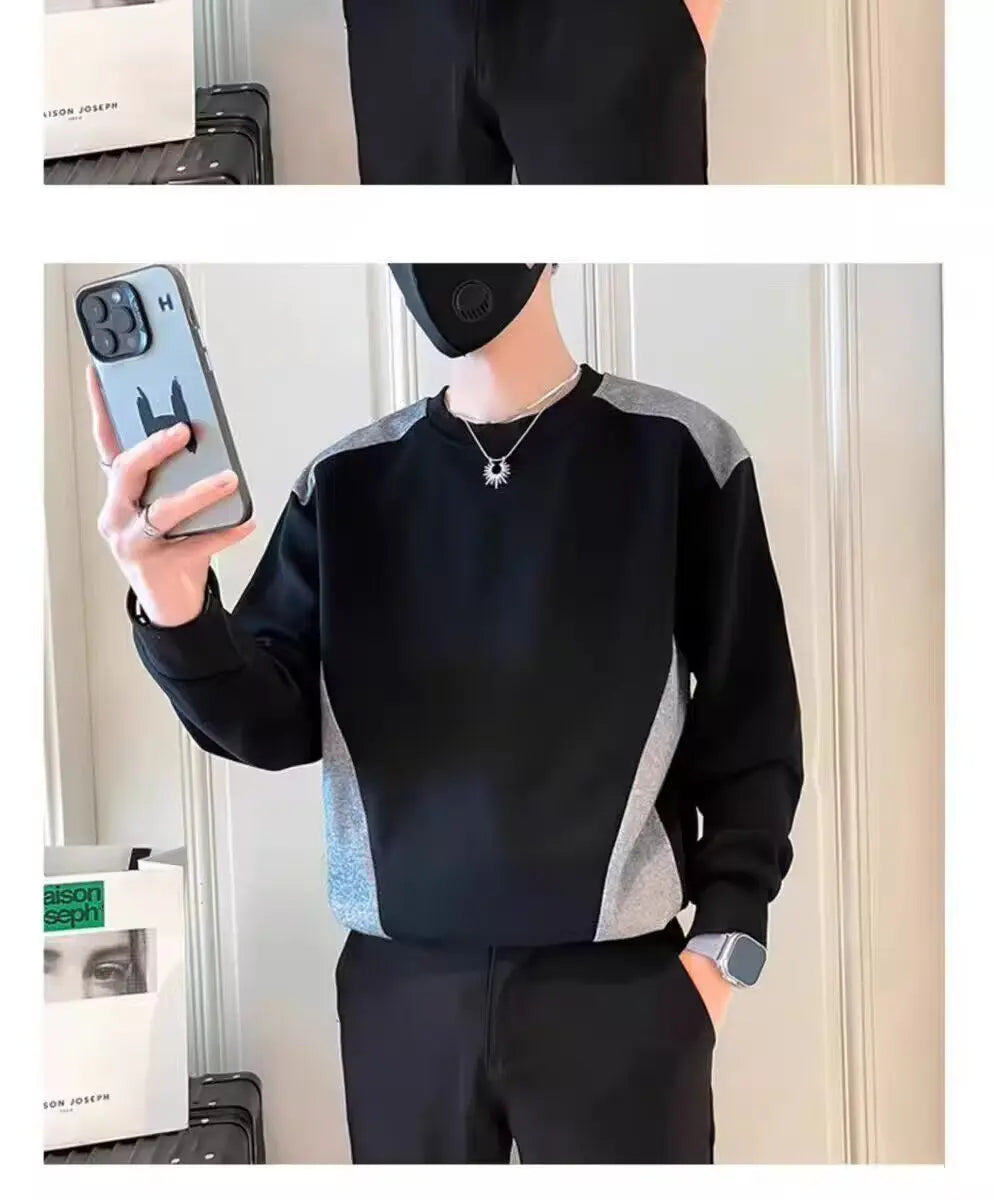 Spliced   sweatshirt Men's Spring Autumn New Round Neck Long-sleeved Bottoming Shirt T-shirt Trendy Casual Top Hoodies