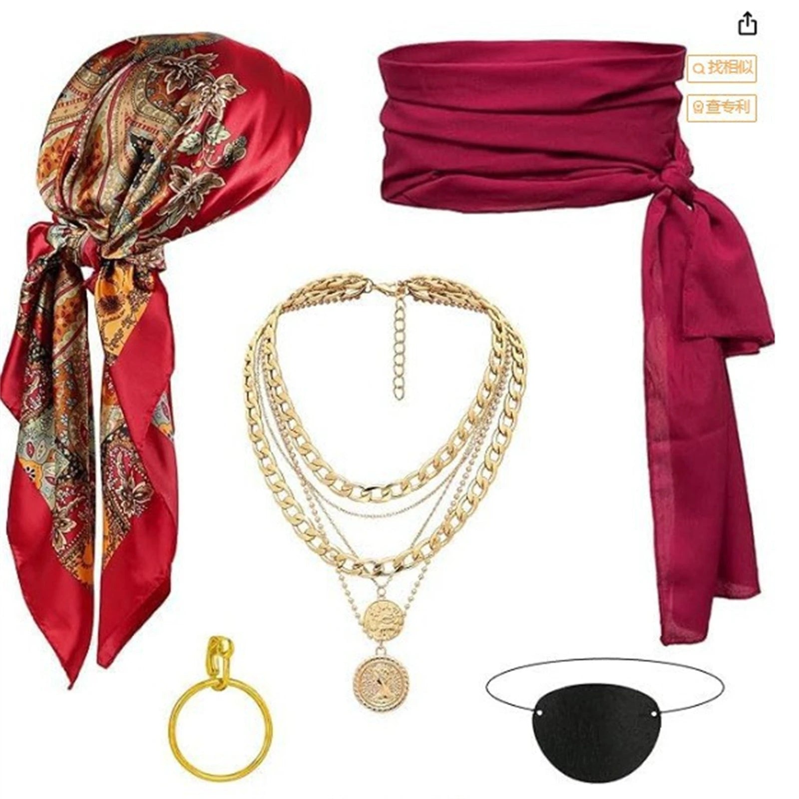 Women Pirate Accessories Headscarf Necklace Belt Eye Patch Set Outfit for Halloween Party Medieval Viking Warrior Dress Up