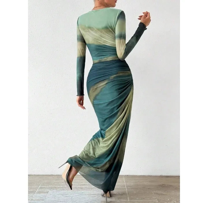 High Waist Dresses for Woman Fashion Printed Sexy Tight Fitting Slit Round Neck Dress Long Sleeves Skirt Streetwear Autumn 2024