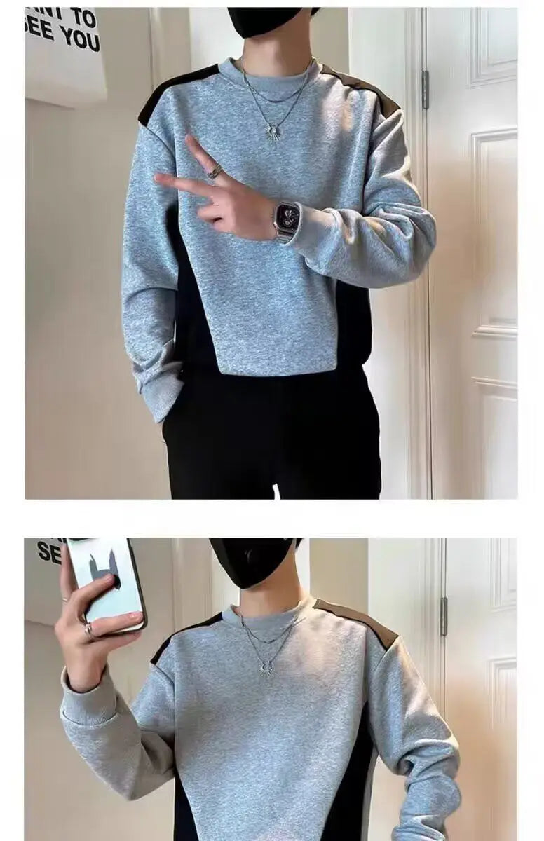 Spliced   sweatshirt Men's Spring Autumn New Round Neck Long-sleeved Bottoming Shirt T-shirt Trendy Casual Top Hoodies