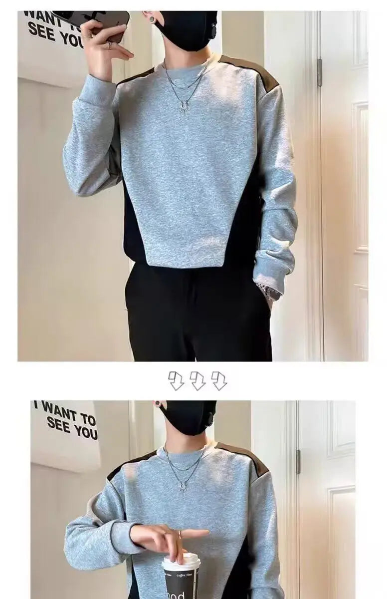 Spliced   sweatshirt Men's Spring Autumn New Round Neck Long-sleeved Bottoming Shirt T-shirt Trendy Casual Top Hoodies