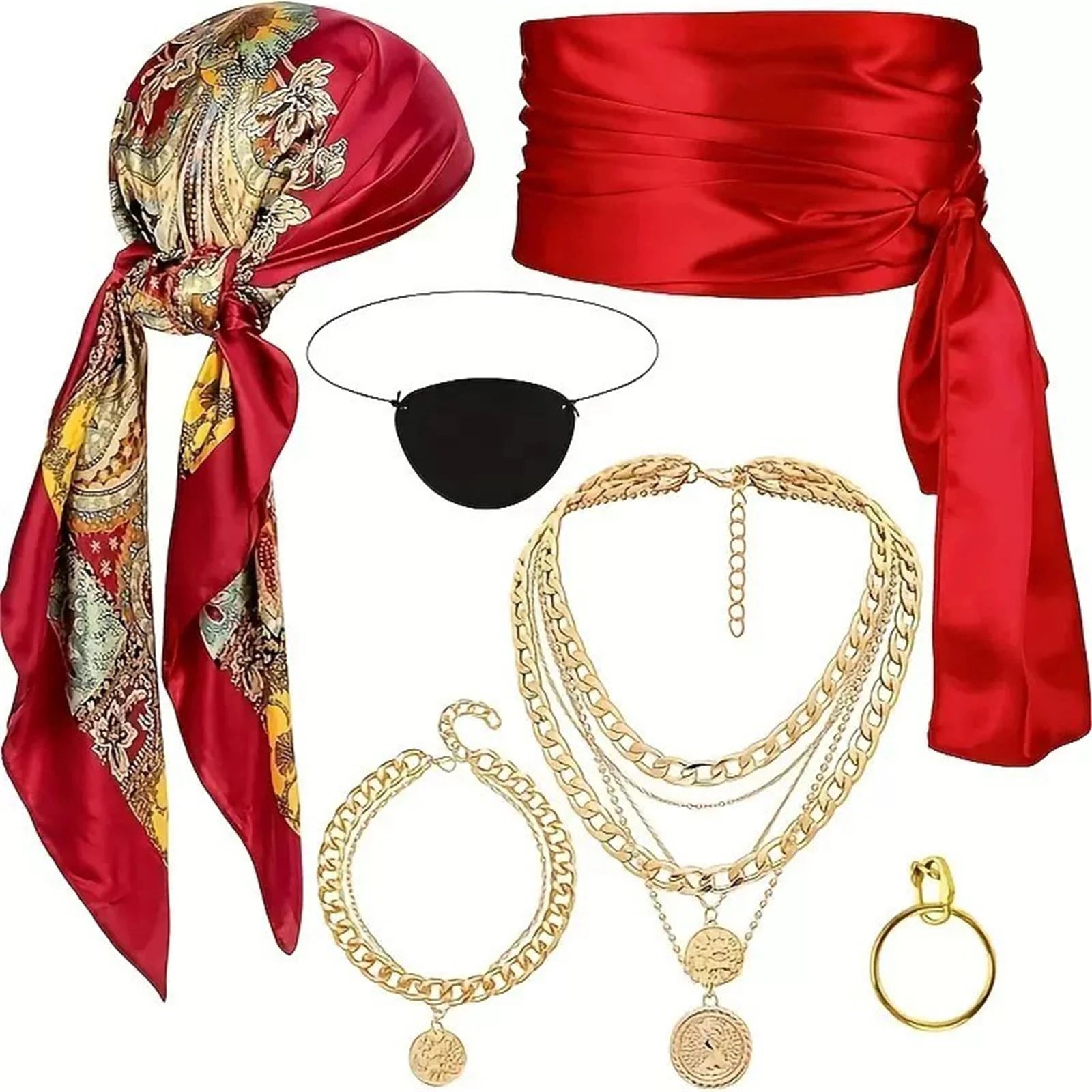 Women Pirate Accessories Headscarf Necklace Belt Eye Patch Set Outfit for Halloween Party Medieval Viking Warrior Dress Up