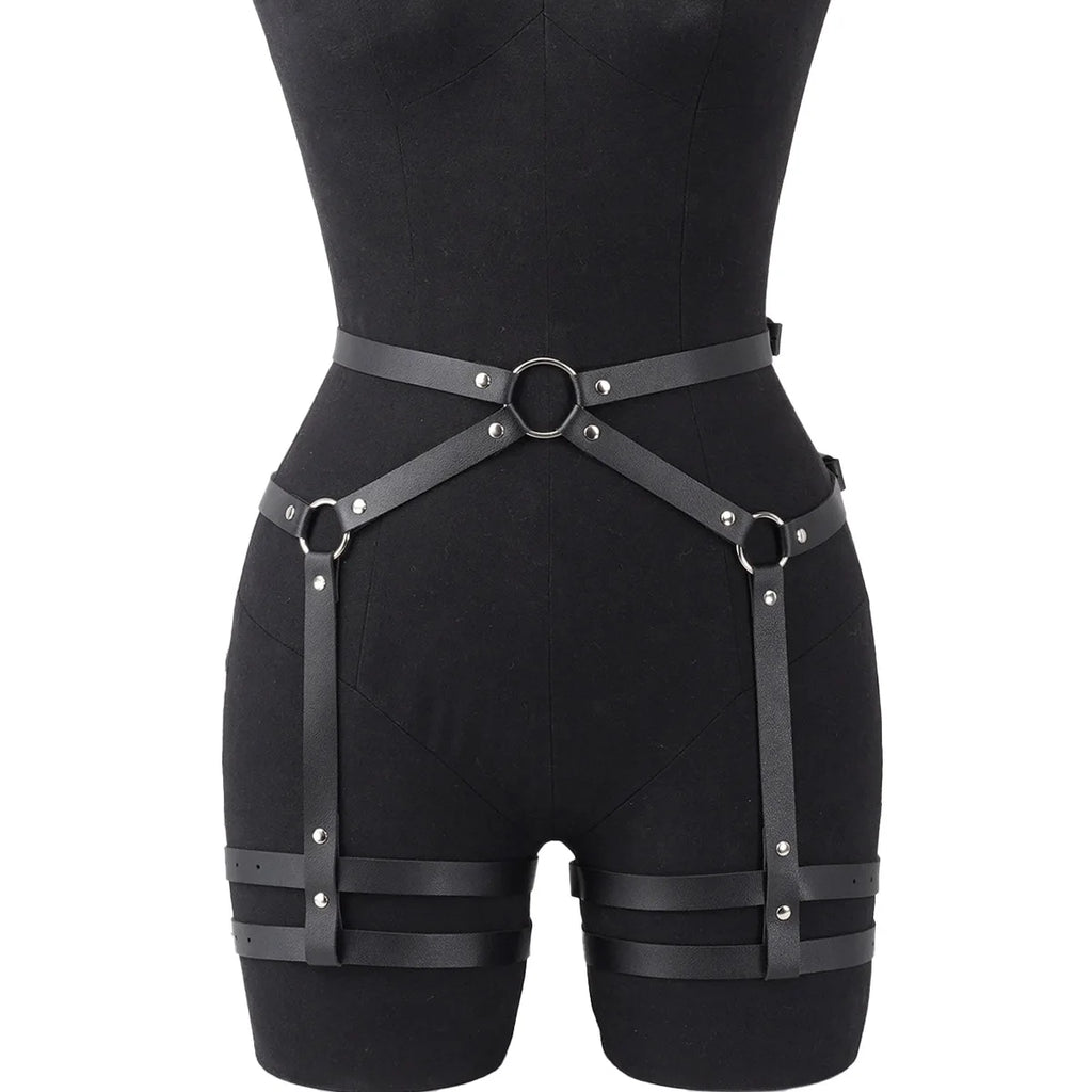 Fashion accessory: Women's lower body sexy leg harness, leather corset bondage waist chain