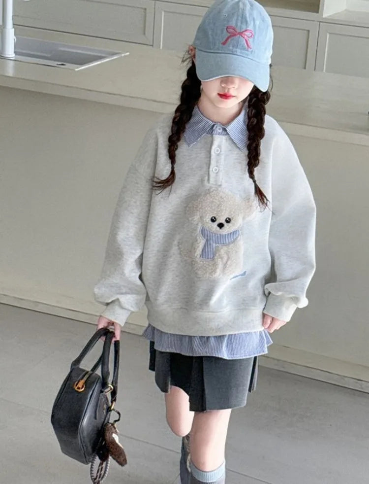 Sweatshirt Girls' 2025 New Faux Two-Piece Polo Hoodie Spring/Autumn Kids Medium-Large Loose Fit Cartoon Puppy Top