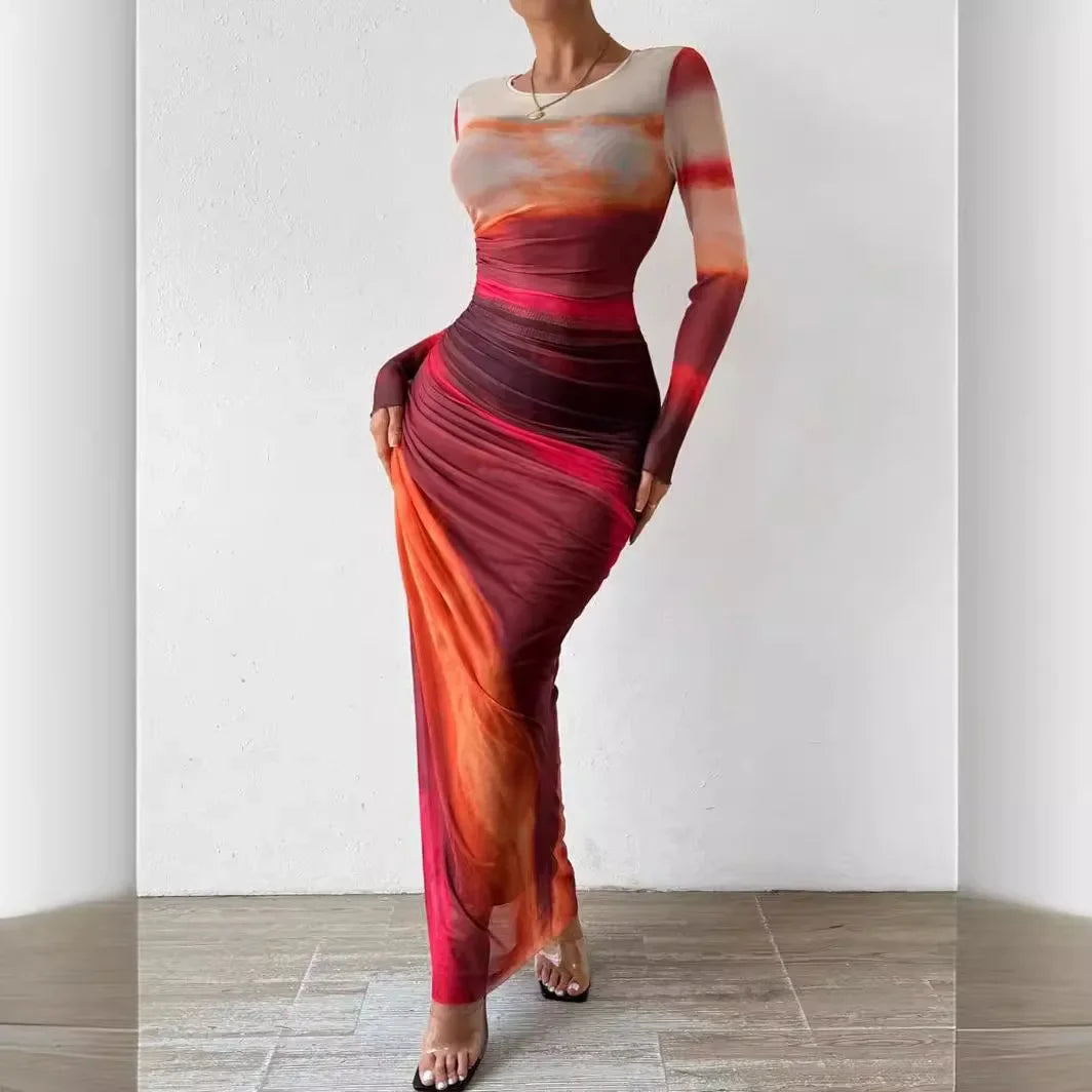 High Waist Dresses for Woman Fashion Printed Sexy Tight Fitting Slit Round Neck Dress Long Sleeves Skirt Streetwear Autumn 2024