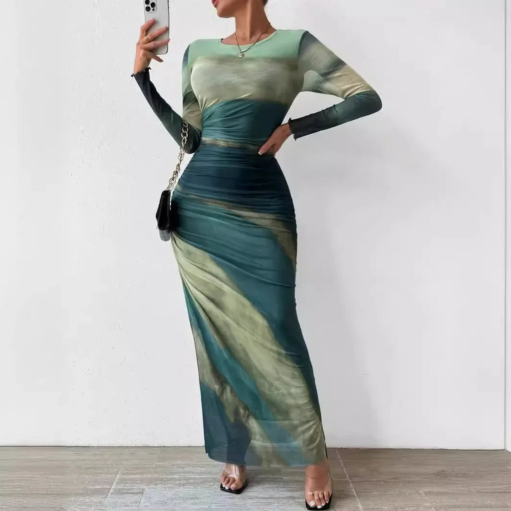 High Waist Dresses for Woman Fashion Printed Sexy Tight Fitting Slit Round Neck Dress Long Sleeves Skirt Streetwear Autumn 2024