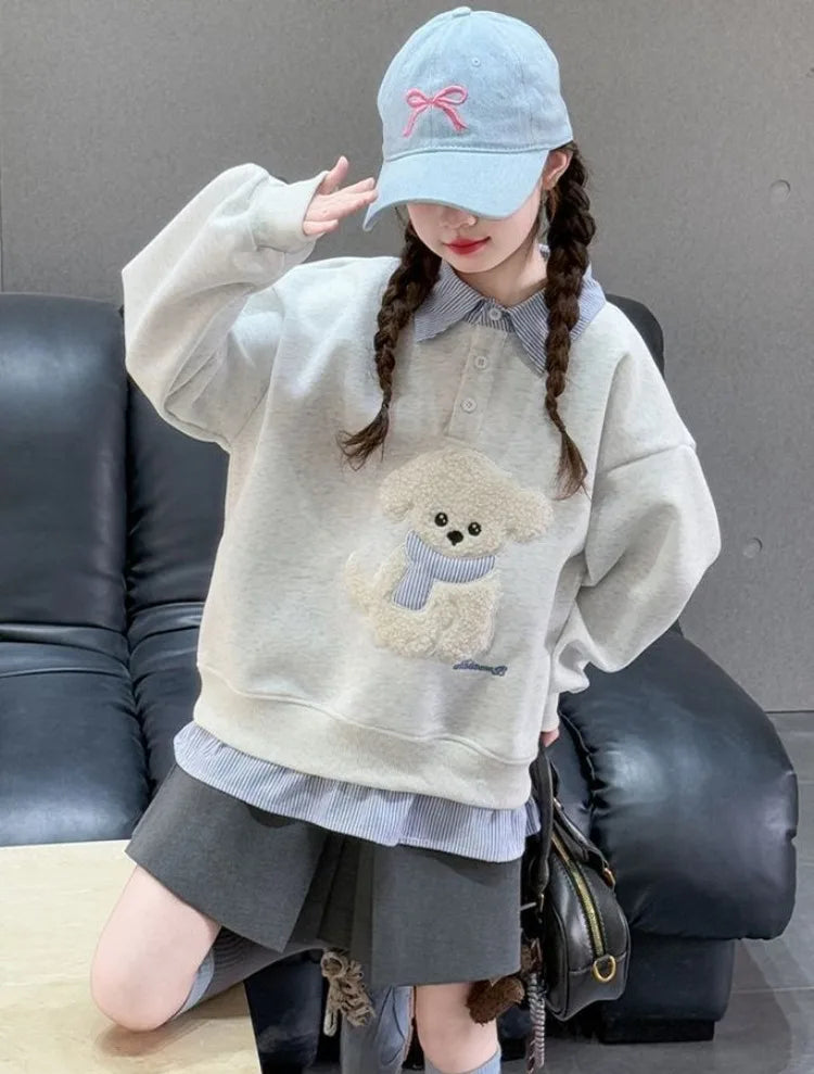 Sweatshirt Girls' 2025 New Faux Two-Piece Polo Hoodie Spring/Autumn Kids Medium-Large Loose Fit Cartoon Puppy Top