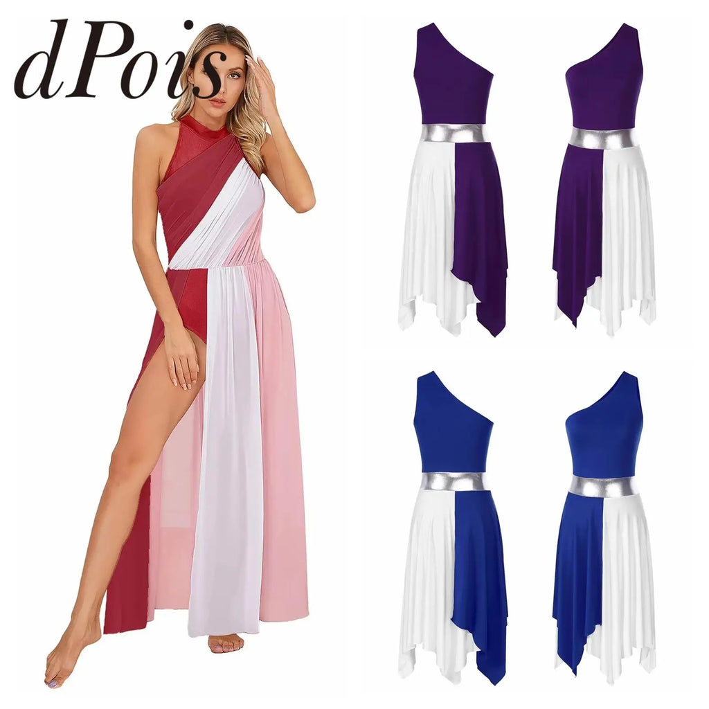 Women Ladies Lyrical Praise Dance Dress Performance Costume Modern Contemporary Celebration of Spirit Dancewear Split Long Dress