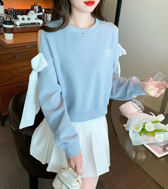 Off The Shoulder Sweatshirt For Women Harajuku Fashion Youthful Clothes Sport Essential New In Basic Blue Woman Pullover Tops
