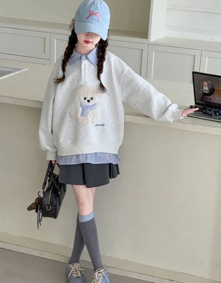 Sweatshirt Girls' 2025 New Faux Two-Piece Polo Hoodie Spring/Autumn Kids Medium-Large Loose Fit Cartoon Puppy Top