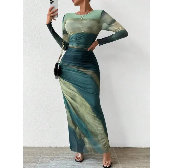 High Waist Dresses for Woman Fashion Printed Sexy Tight Fitting Slit Round Neck Dress Long Sleeves Skirt Streetwear Autumn 2024