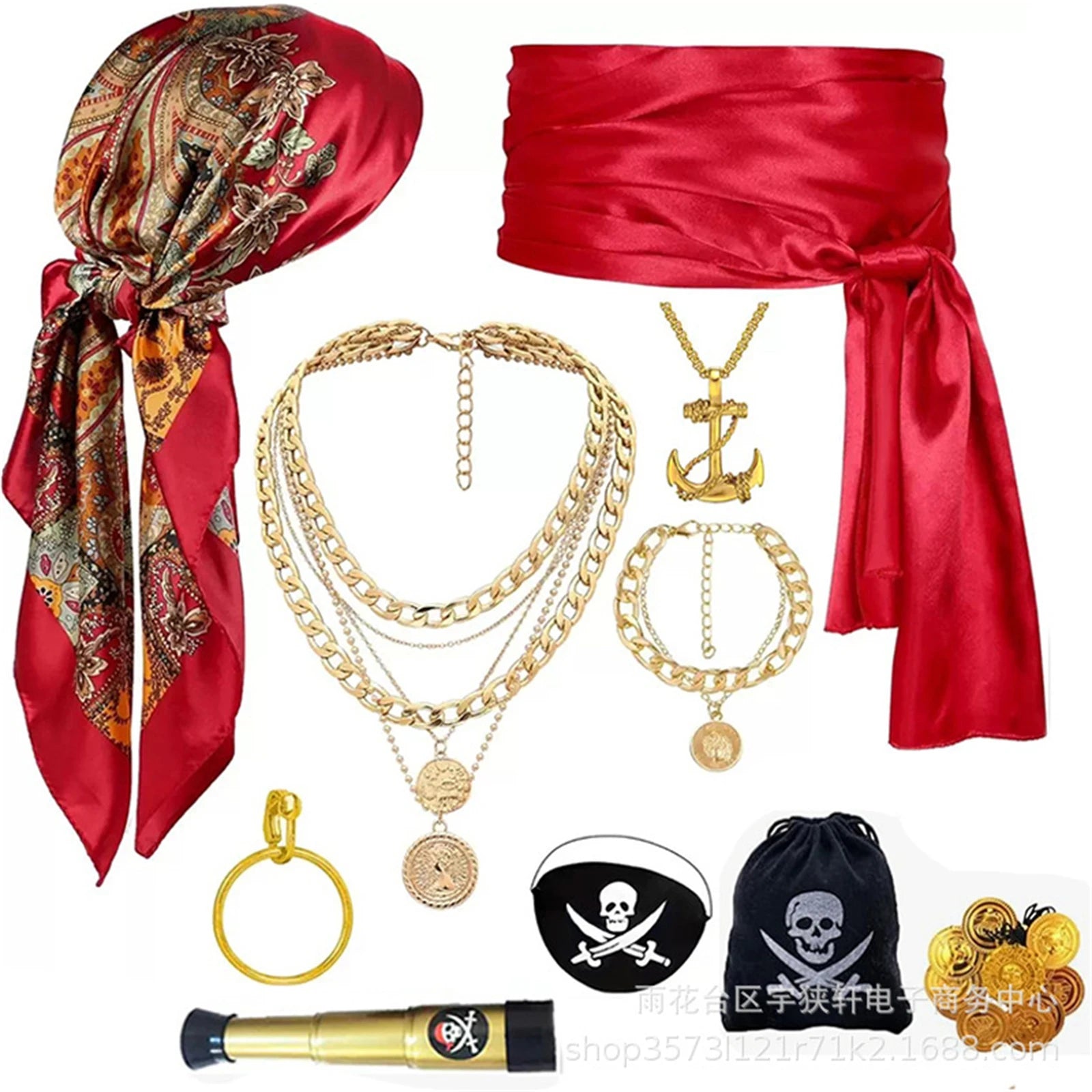 Women Pirate Accessories Headscarf Necklace Belt Eye Patch Set Outfit for Halloween Party Medieval Viking Warrior Dress Up