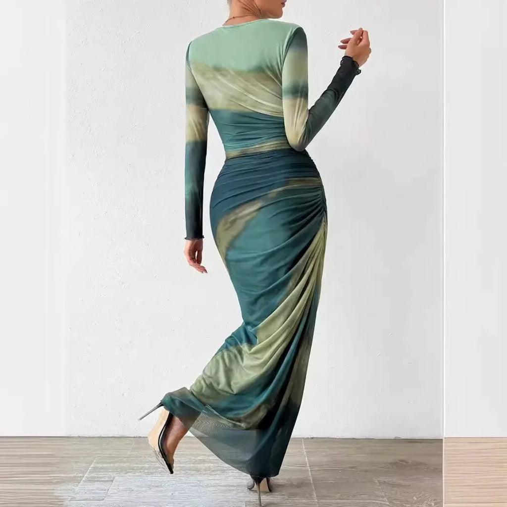 High Waist Dresses for Woman Fashion Printed Sexy Tight Fitting Slit Round Neck Dress Long Sleeves Skirt Streetwear Autumn 2024