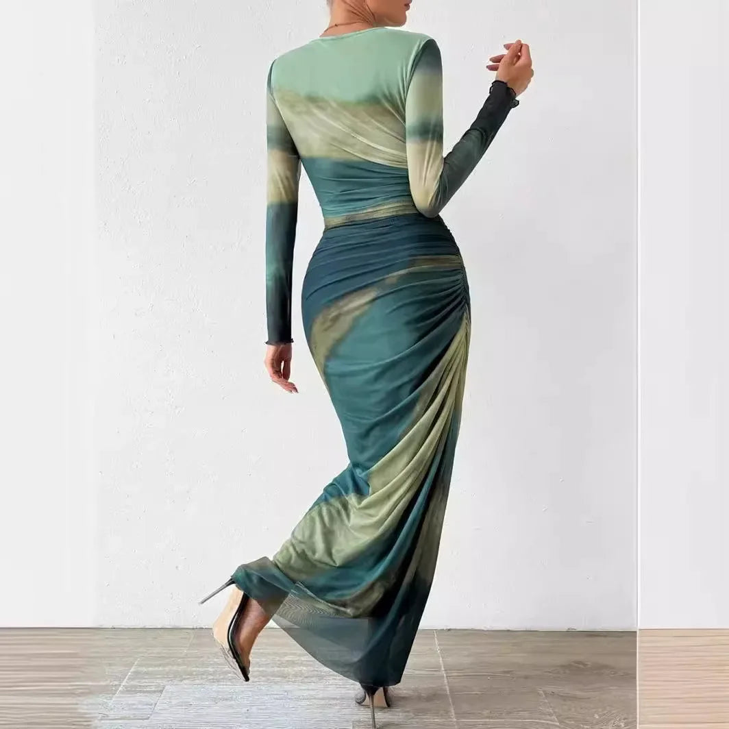 High Waist Dresses for Woman Fashion Printed Sexy Tight Fitting Slit Round Neck Dress Long Sleeves Skirt Streetwear Autumn 2024